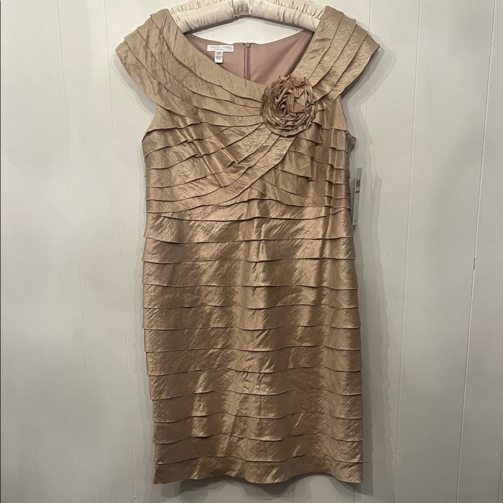 London Times Gold Tiered Midi Dress with Rosette